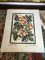 Original Signed Block Printing Pastel Wild Rose BC Canada Artist Anna Hawthorne