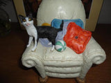 B&W Cat on Beige Armchair Figurine Handpainted Imported LDT Montreal Canada