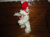 White Shaggy Teddy Bear wearing Knitted Hat & Scarf Pointed Snout