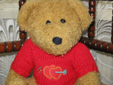 Brown Wool Terry Plush Jointed Valentines Bear Wearing Sweater 2 Hearts