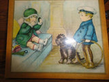 Antique 1930's British Empire Made Mini Art Print Girl & Boy w Dog Metal Hanger