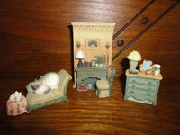 Miniature Victorian Furniture w Siamese Cat 3 Piece Set Sofa Desk Bureau