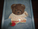 Original Art TEDDY BEAR with CAKE Wood Frame & Glass