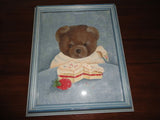 Original Art TEDDY BEAR with CAKE Wood Frame & Glass