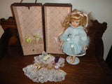 Vintage Wooden Leather Doll Case w Porcelain Doll 2 Dresses Umbrella Purse 12 in