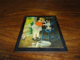 Antique 1930's British Empire Made Mini Art Print Girl Nursing Dog Wood & Metal