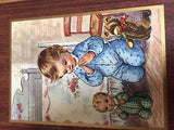 Vintage Art on Wood Little Boy Praying with Doll & Teddy Bear 9 x 7 inch