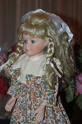 Vintage Porcelain Blonde Braided Doll Floral Dress with Boots 38