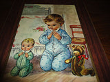 Vintage Art on Wood Little Boy Praying with Doll & Teddy Bear 9 x 7 inch